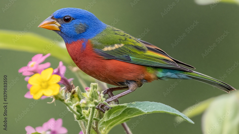 Obraz premium Rainbow Perched: Ultra-Detailed Painted Bunting with Neon Feathers Macro