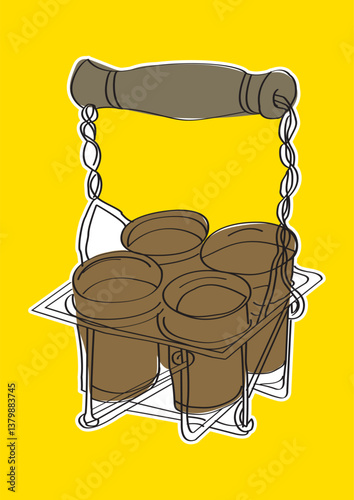 Traditional Indian chai tea cup holder illustration – vintage street tea vendor glass stand with yellow background