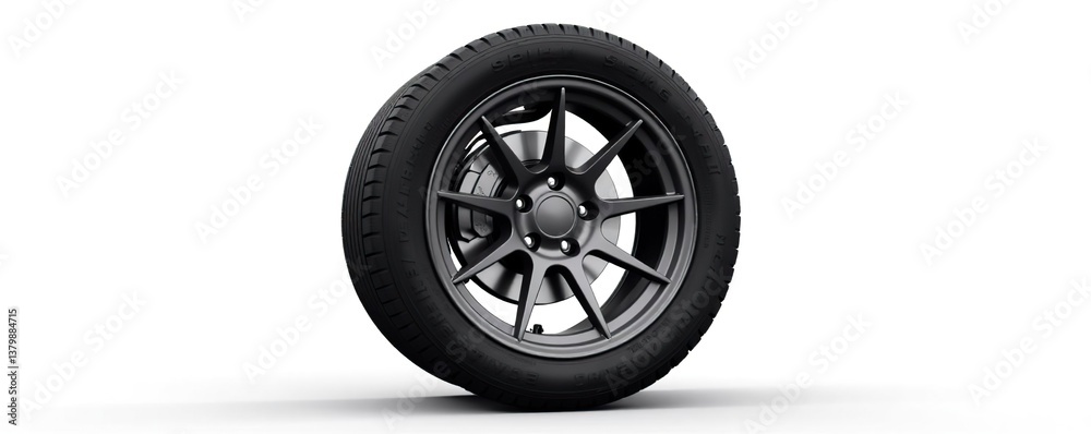 Obraz premium Car tyre with disc isolated on white background for automotive industry, spare part, machine