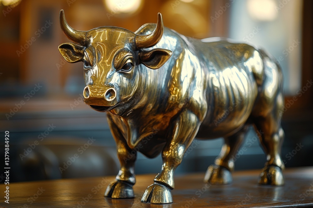 Shiny golden bull sculpture displayed on a wooden surface indoors Shiny golden bull sculpture displayed on a wooden surface indoors