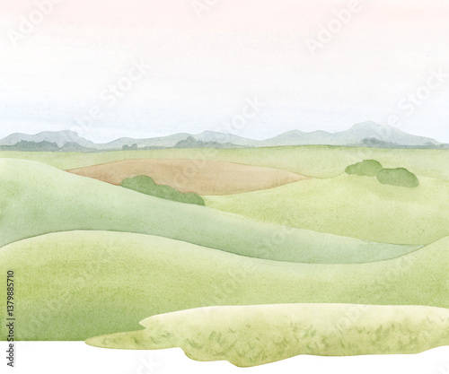 Summer green hills and farm field landscape watercolor isolated illustration. Rural panoramic nature clipart of countryside or village in simple hand drawn style