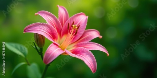 Close-up of a vibrant pink Lily flower in full bloom with delicate petals and a yellow center, against a blurred green background,  pink, Lily flower