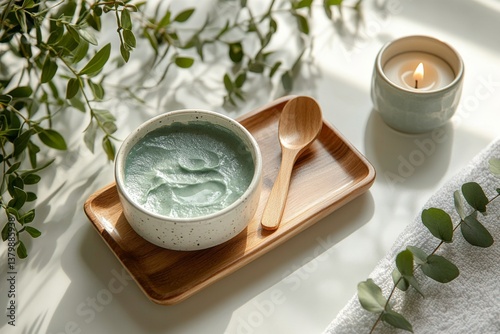 Aesthetic wellness scene with candles green cream and natural plants