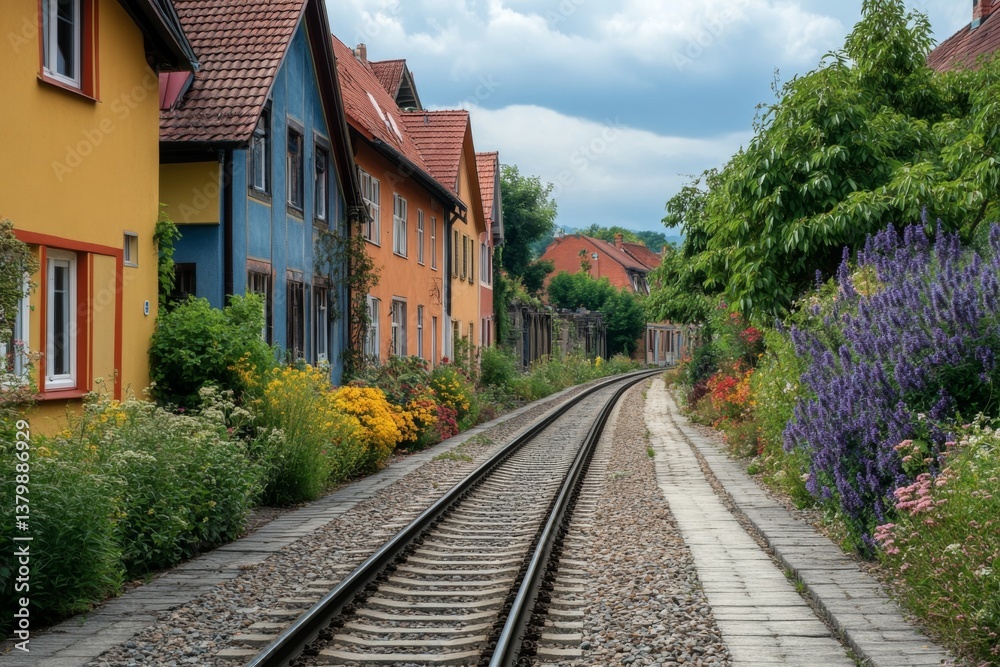 Obraz premium Train tracks leading through colorful houses in a narrow village street