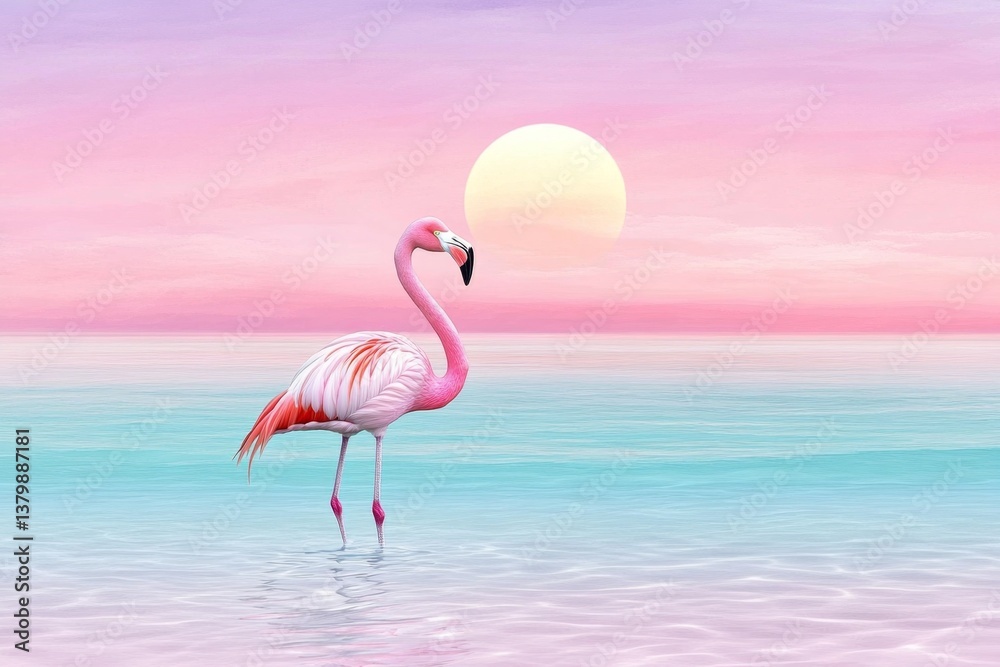 Fototapeta premium A minimalist illustration of a flamingo standing in clear Florida waters with a soft gradient sunset