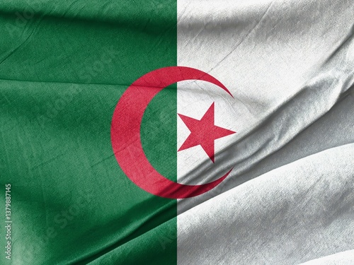 Quadro em tela Waved Textured A close up of a algerian flag with a star and crescent Symbolizin