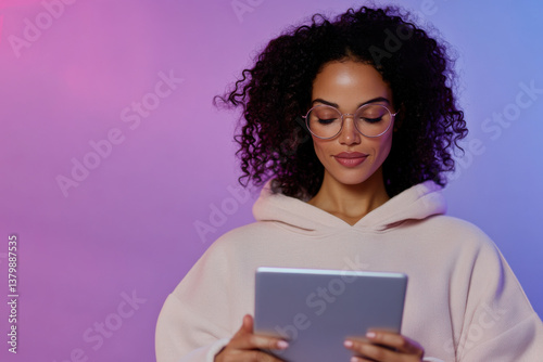 Wallpaper Mural Young woman using digital tablet with neon lights and plant Torontodigital.ca