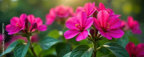 Bright magenta flowers in full bloom, showcasing their vibrant petals and lush green leaves, perfect for adding a pop of color to any project or design,  vibrant,  flora