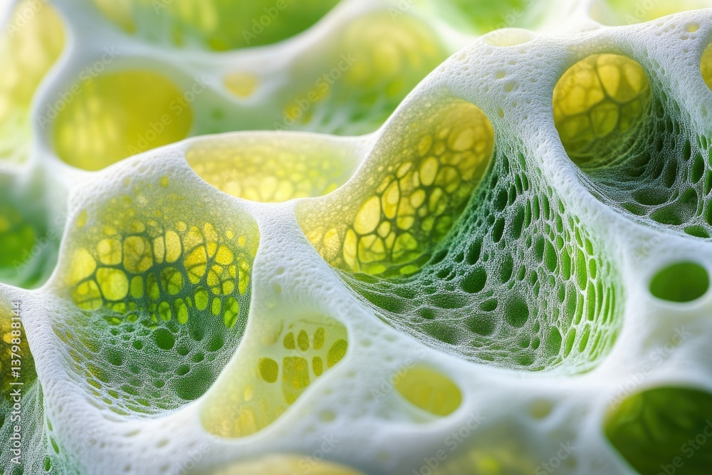 Obraz premium Close-up of green and yellow honeycomb structure encapsulated by a delicate white foam or web-like substance.