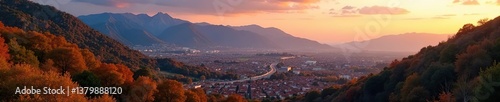 Cityscape of Riano at sunset with colorful Autumn foliage in Picos de Europa National Park, Leon, Spain, featuring majestic mountain range in the background,  colorful foliage,  sunset