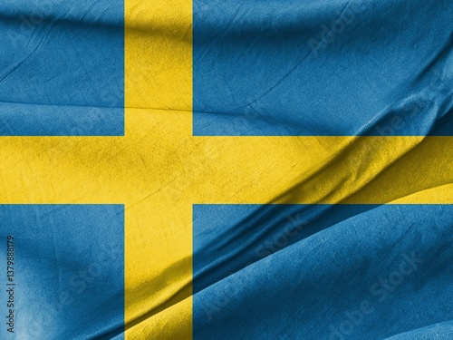 Waved Textured A close up of a swedish flag with a yellow cross on it Symbolizing National Identity and Unity photo
