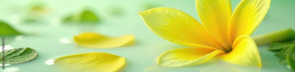 Obraz premium Close-up of vibrant yellow and green flowers and petals floating gracefully in milky water, floating, petals