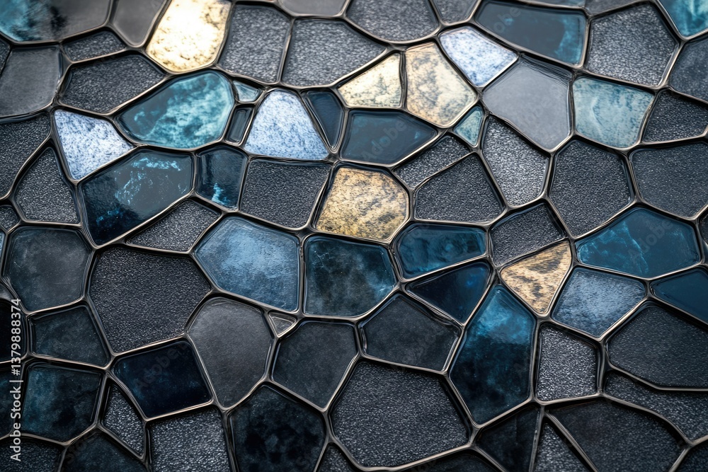 A close-up of a textured stone mosaic with a blue, gray and gold color palette.