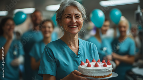 Obraz na płótnie A happy senior nurse smiling while holding a birthday cake, celebrating with joy and warmth in a hospital setting.
w salonie