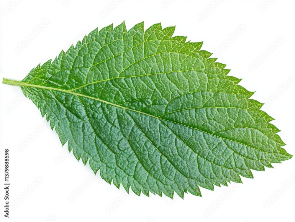Fototapeta premium Fresh and textured nettle leaf displayed on a crisp white background highlighting its intricate surface details