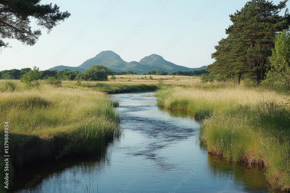 Tranquil swamp landscape with green grass and mountains in background Tranquil swamp landscape with green grass and mountains in background