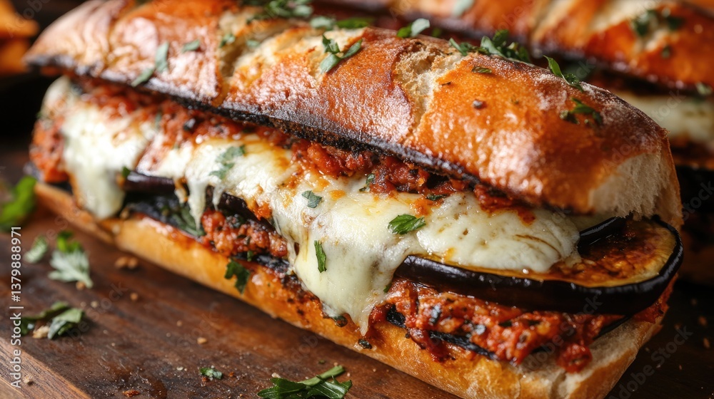 Eggplant Parmesan Sandwich. Melted Cheese on Deli Bread, Perfect for Vegetarian Lunch