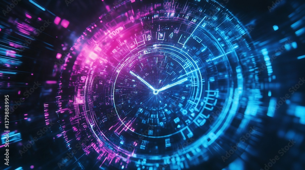 Fototapeta premium Cyberpunk Clock Neon Time Tunnel