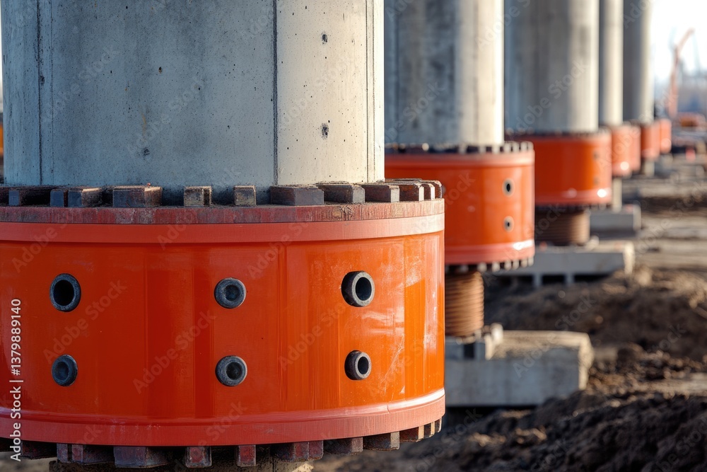 Naklejka premium Elastomeric Bridge Bearings for Damping on Construction Site