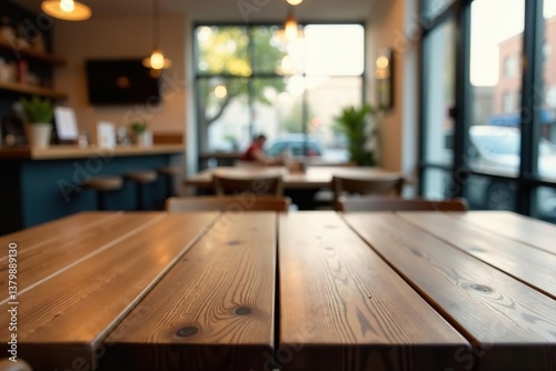 Close-up of wooden tabletop in cafe with blurred background,  cafe,  table
