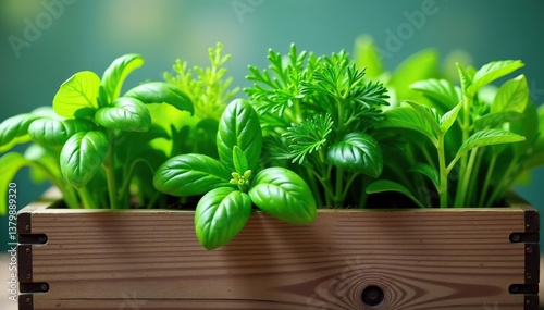 Close up of fresh green spring herbs and plants, including basil, parsley, and dill, in a rustic wooden planter box,  basil, spring