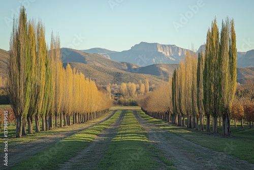 Scenic tree-lined road through a countryside with distant hills and golden fields photo