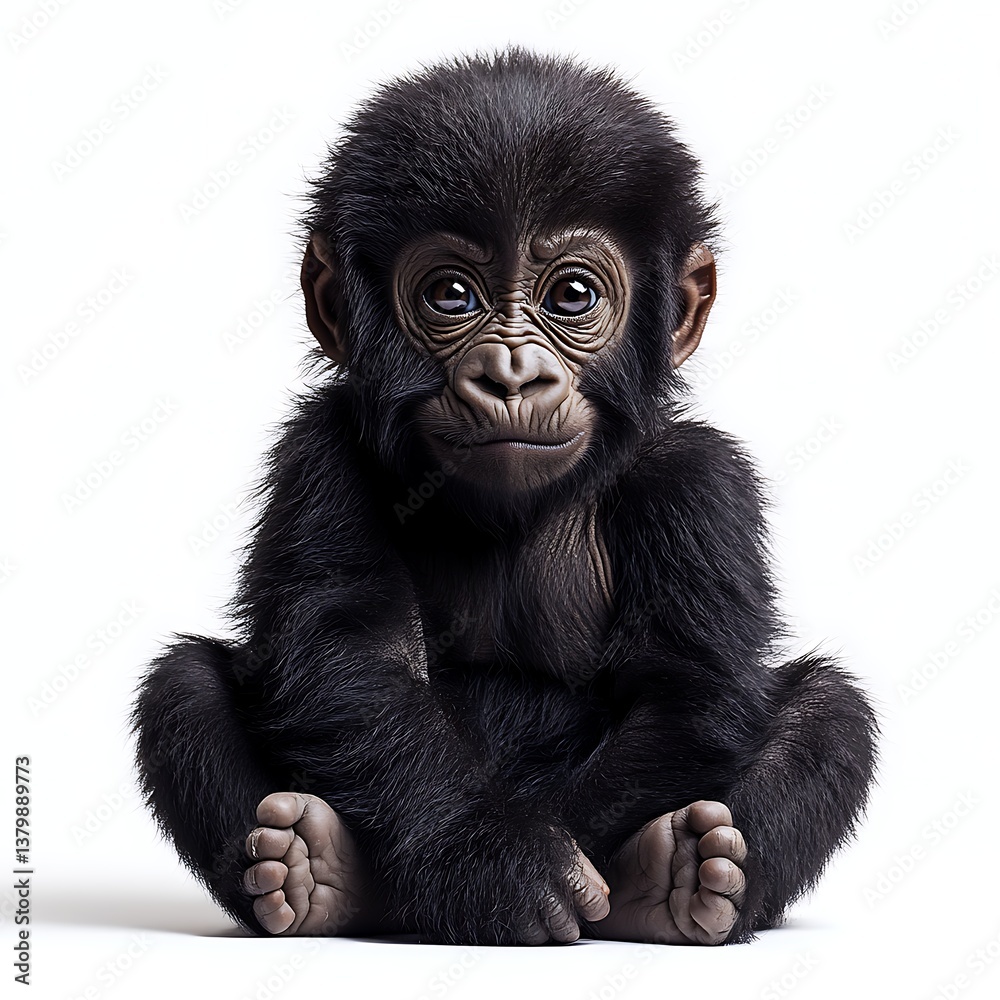Naklejka premium Cute gorilla baby sitting on plain surface white background high resolution picture