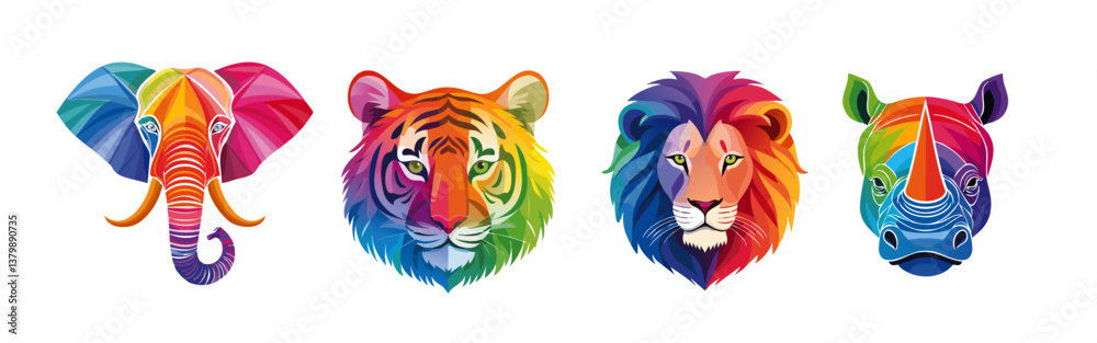 colorful panorama set of wildlife animal heads isolated on transparent background vector icon design