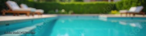 Close-up of pool edge with blurred backyard in background,  vacation,  summer