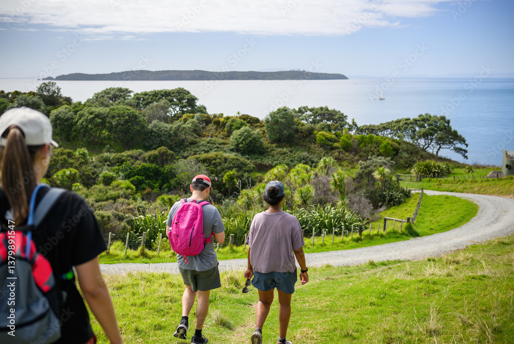 Three people walking on the green hill at Shakespear Regional Park. Auckland.