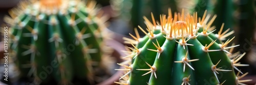 Closeup of sharp spines on cactus with blurred background of spiky cacti,  nature,  desert