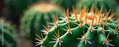Closeup of sharp spines on green cactus plant, with blurred background of cactus,  plant,  flora