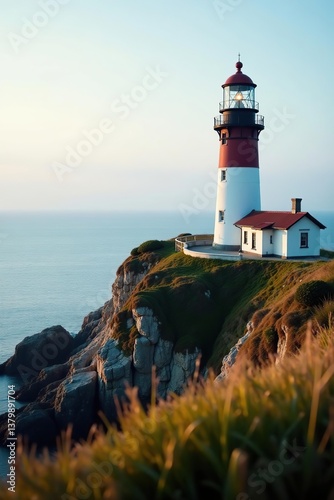 Close up of short lighthouse on hill with calm ocean in background,  hill,  ocean