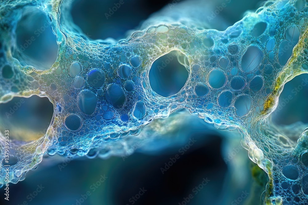 A detailed close-up showcases a porous, blue-toned structure with numerous bubble-like forms, creating a captivating abstract composition with intricate textures and subtle highlights.
