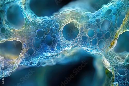 Obraz na płótnie A detailed close-up showcases a porous, blue-toned structure with numerous bubble-like forms, creating a captivating abstract composition with intricate textures and subtle highlights. w salonie