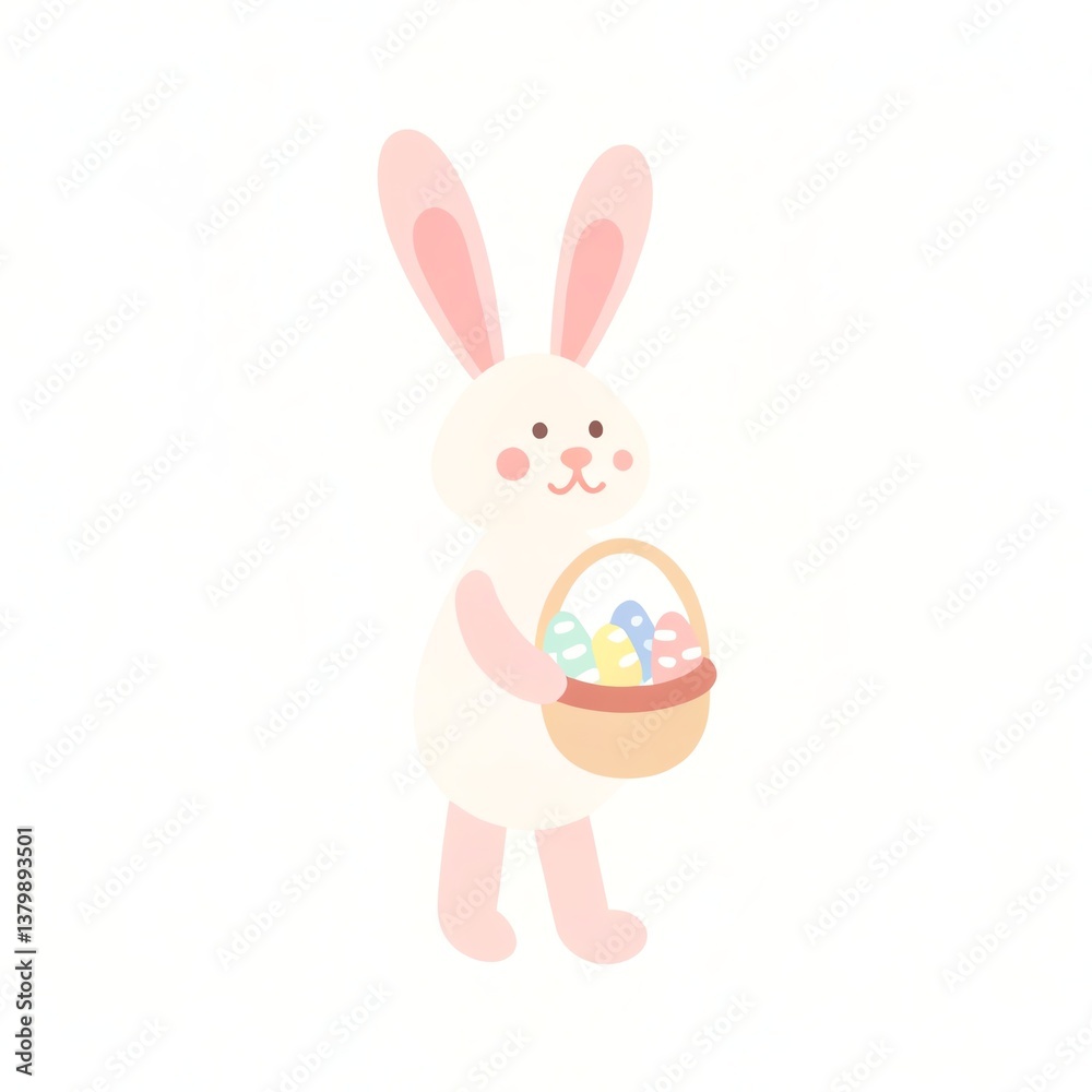 Obraz premium Easter tradition spiritual. Cute bunny holding a basket of colorful eggs. isolated on white background
