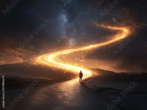 Solitary figure walks along a winding road illuminated by a magical glow in a starry night sky