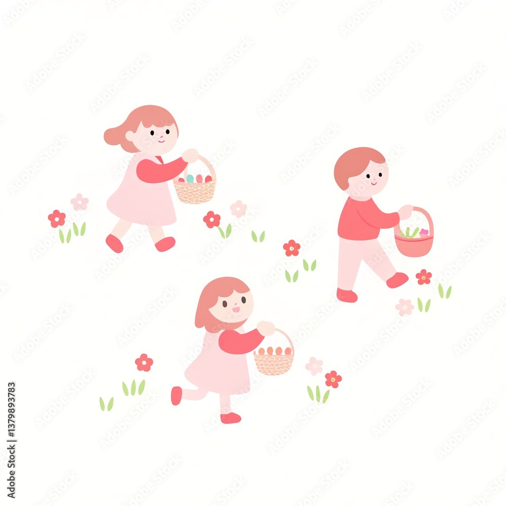 Easter tradition spiritual. Three children collecting flowers and eggs in a playful scene. isolated on white background Easter tradition spiritual. Three children collecting flowers and eggs in a playful scene. isolated on white background