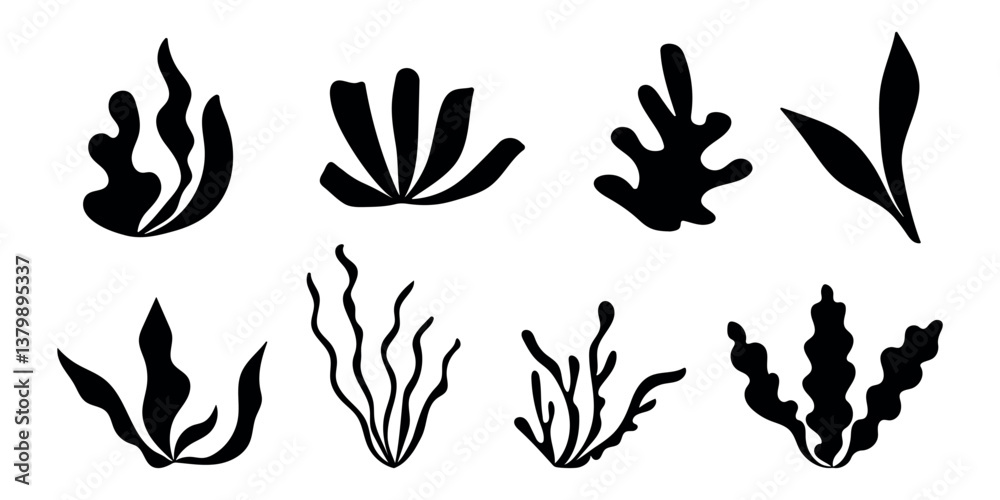 Abstract seaweed set in boho style. Sea algae, silhouette plants, reef of coral, marine flat elements, submarine leaf. Underwater summer icon. Isolated vector illustration on white background.
