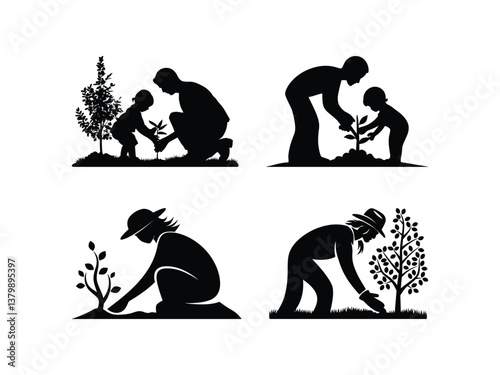 Earth day nature planting tree silhouettes vector