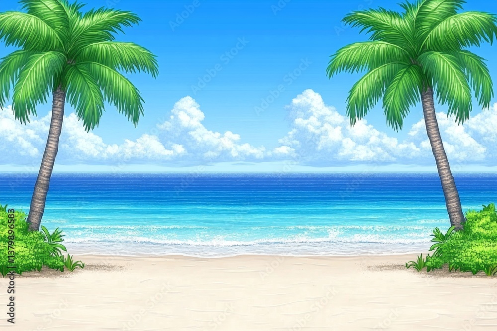 Fototapeta premium A pixel-art rendering of a cozy South Carolina beach scene, with pixelated palm trees and soft ocean waves