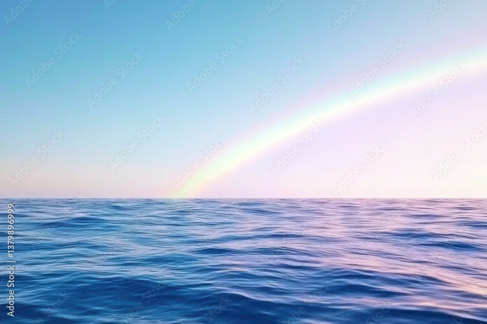 soft rainbow spans over calm ocean, creating serene and tranquil atmosphere. gentle waves reflect pastel colors of sky, enhancing peaceful scene soft rainbow spans over calm ocean, creating serene and tranquil atmosphere. gentle waves reflect pastel colors of sky, enhancing peaceful scene