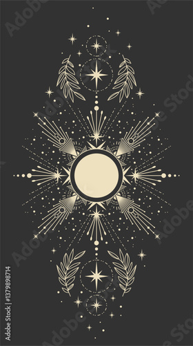 Beautiful drawing of the sun with stars and plants. Tarot cards, boho illustration, magic card. Template for poster and prints.