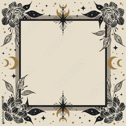 Vector frame with flowers, stars, crescents and a copy space. Banner with an elegant border and a place for text