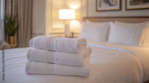 Minimalist hotel room interior with freshly made bed and folded white towels  symbolizing cleanliness  comfort  and high-quality hospitality service. Morning light through window