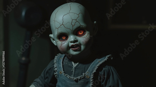 Horror Nightmare Toy Demonic Doll Close-Up, Cracked Porcelain, Glowing Red Eye, Halloween and Possession