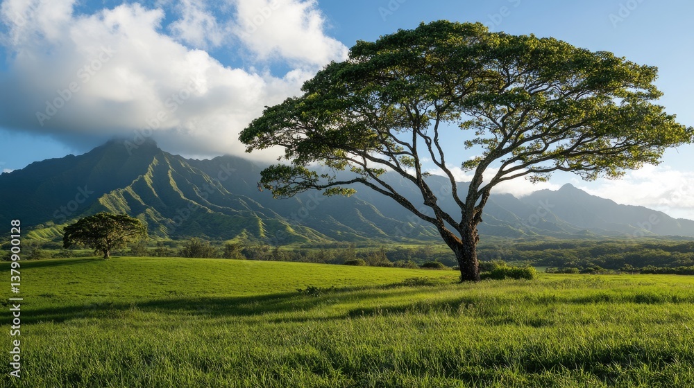 Fototapeta premium Endemic Koa Trees on Green Farmland, Kauai Island in Pacific Ocean