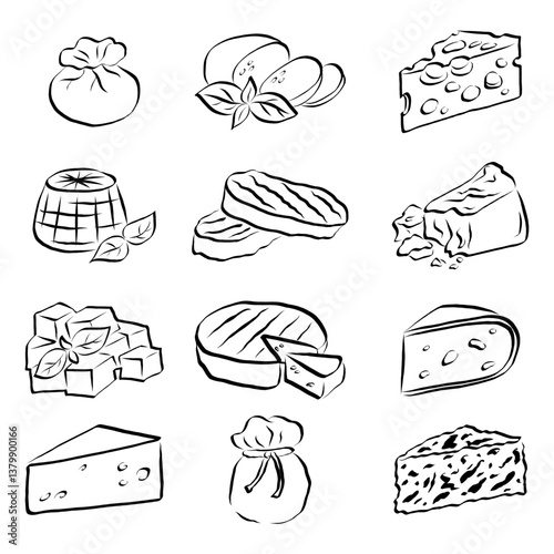 Hand drawn different types of cheese set. Line icon collection. Mozzarella, Parmesan. Feta, Brie. Gouda, Cheddar. Ricotta, Burrata. Roquefort, Scamorza. Cartoon icons collection. 