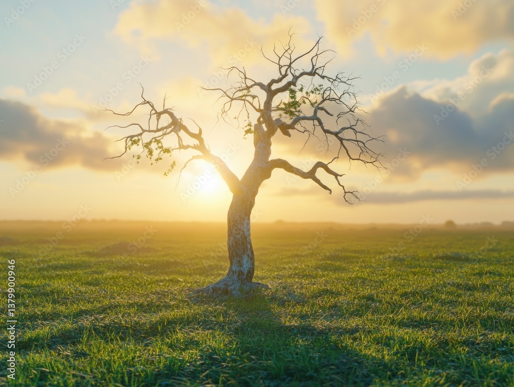 A tree in a field with a sun shining on it. The tree is bare and has no leaves. The sky is cloudy and the sun is setting