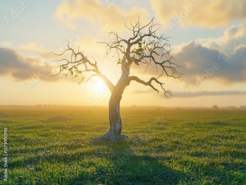 Obraz na płótnie A tree in a field with a sun shining on it. The tree is bare and has no leaves. The sky is cloudy and the sun is setting w salonie